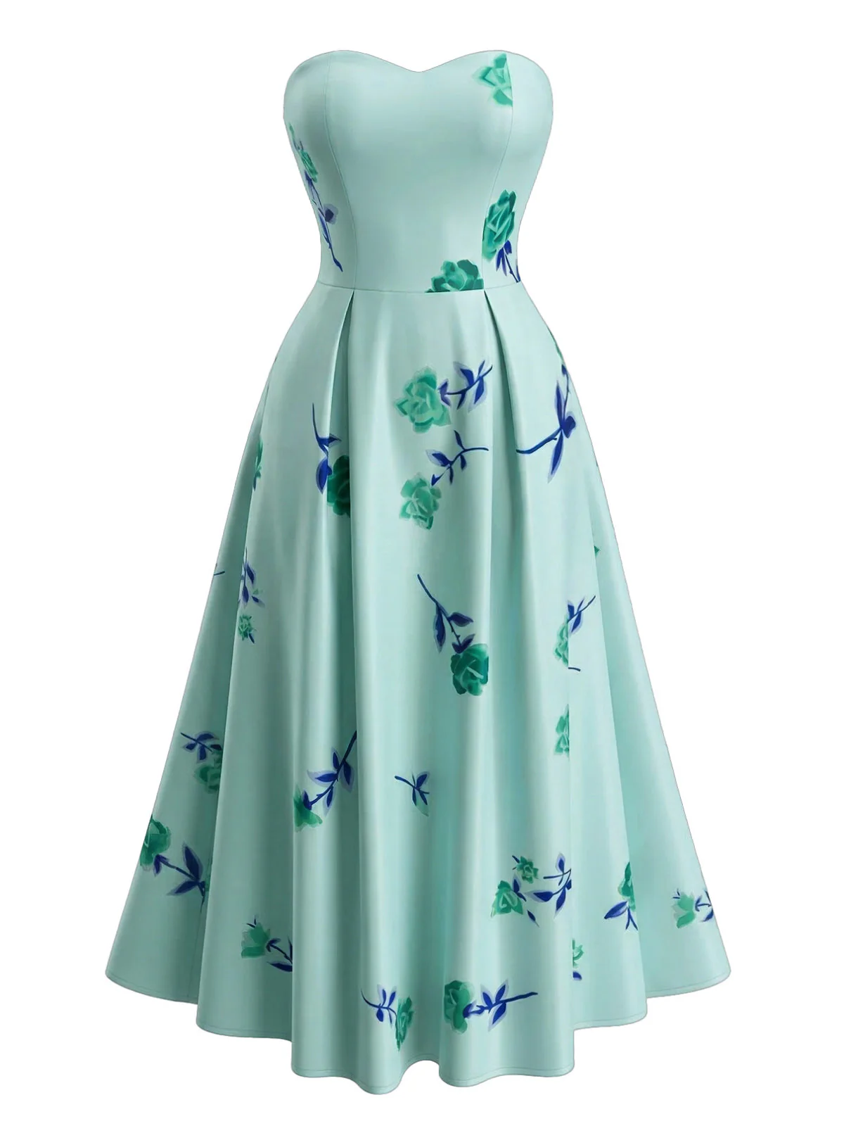1940s Strapless Floral High Waist Swing Dress - Image 8