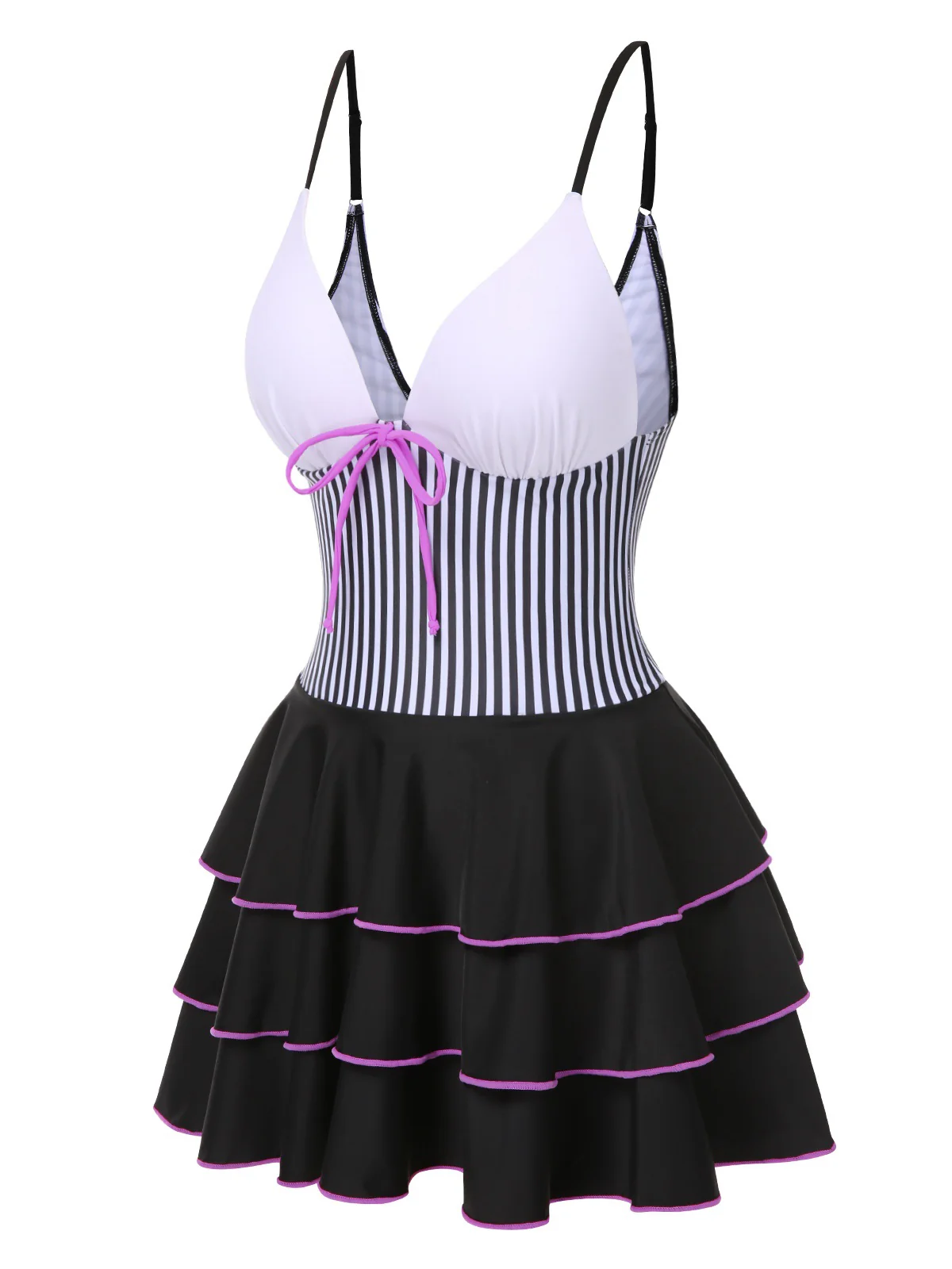 1940s Stripe Patchwork Layered Hem Swim Dress - Image 2
