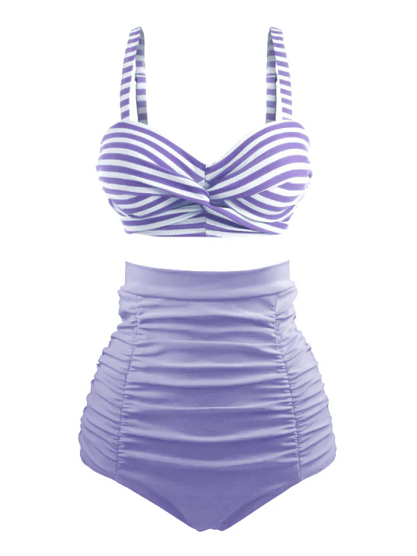 1940s Striped Colorblock Retro Bikini Set - Image 5