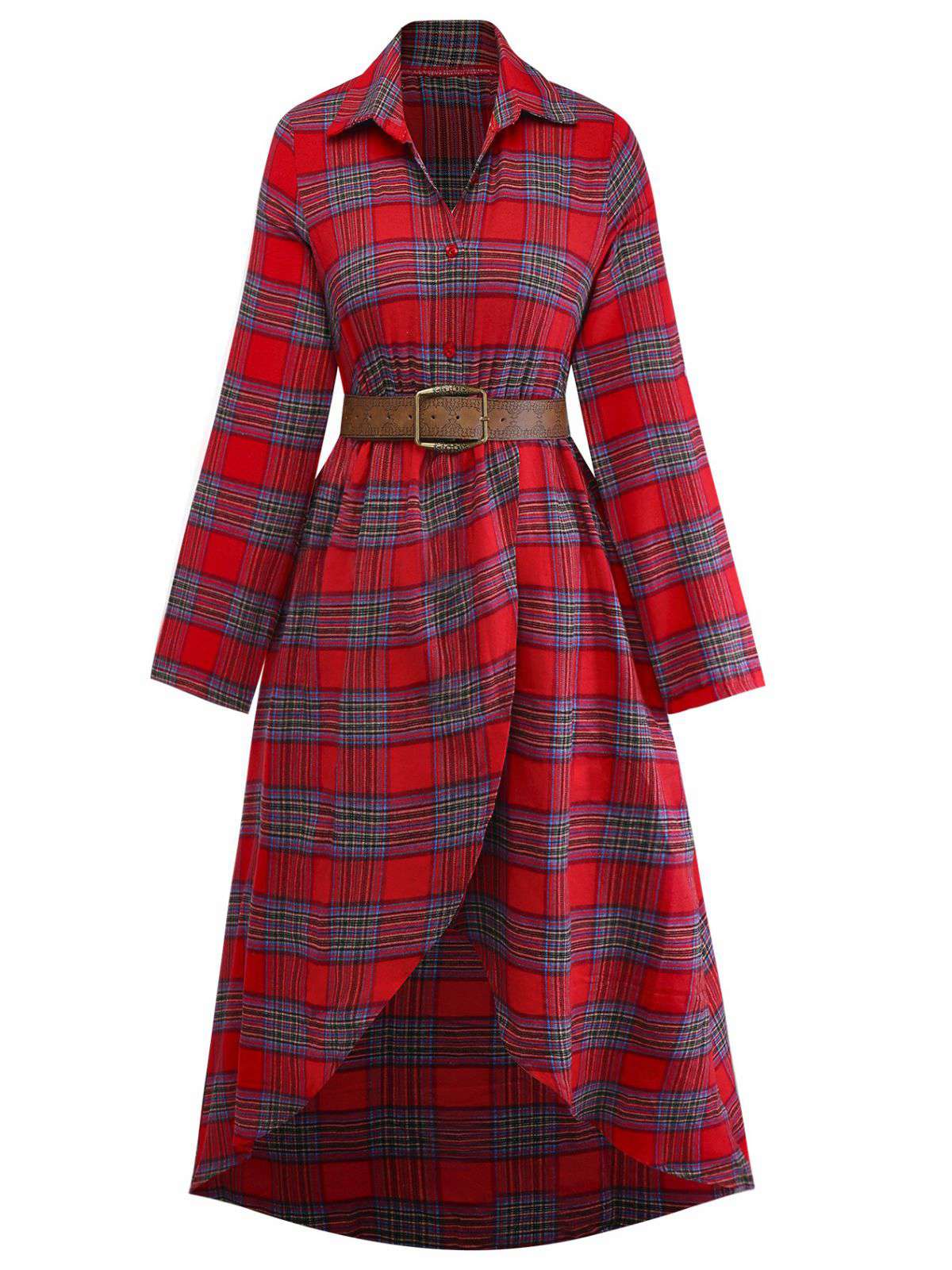 1940s Tartan Plaid Long Sleeve Belted Shirt Dress - Image 2