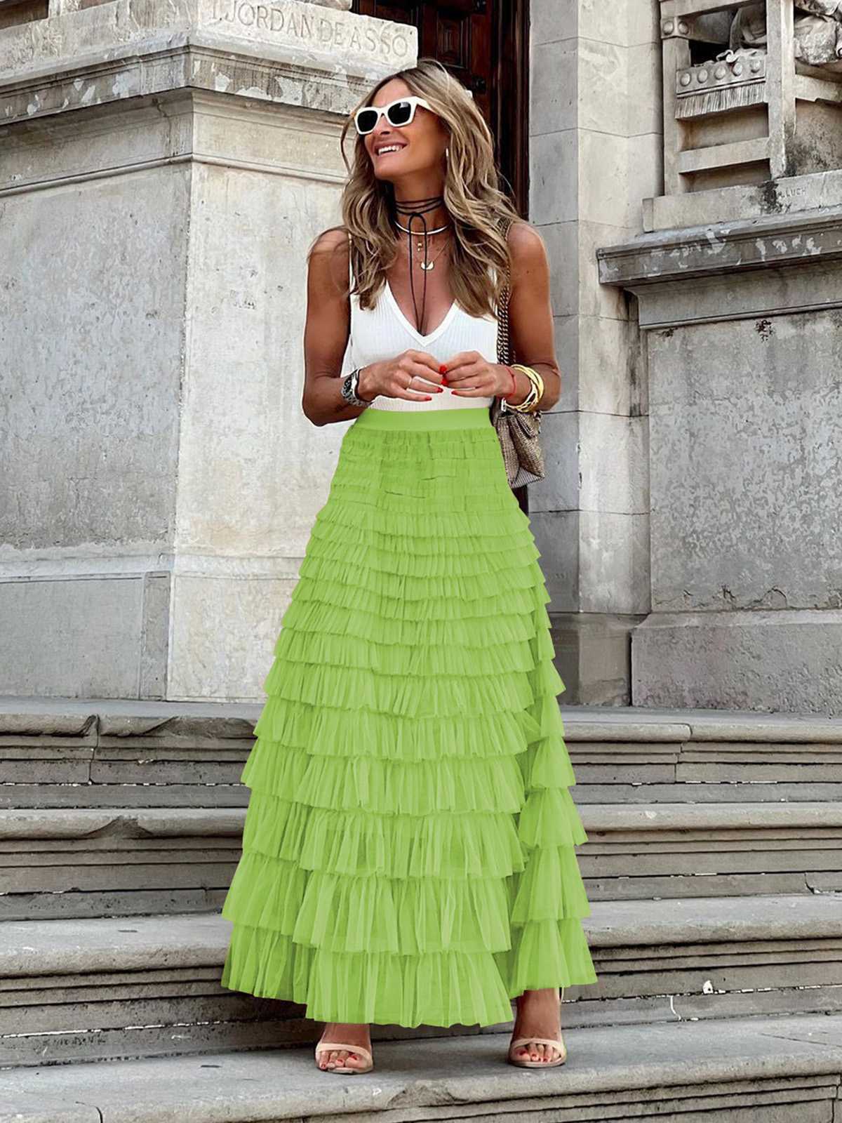 1940s Tiered Mesh Ruffle A-Line Solid Skirt - Image 10