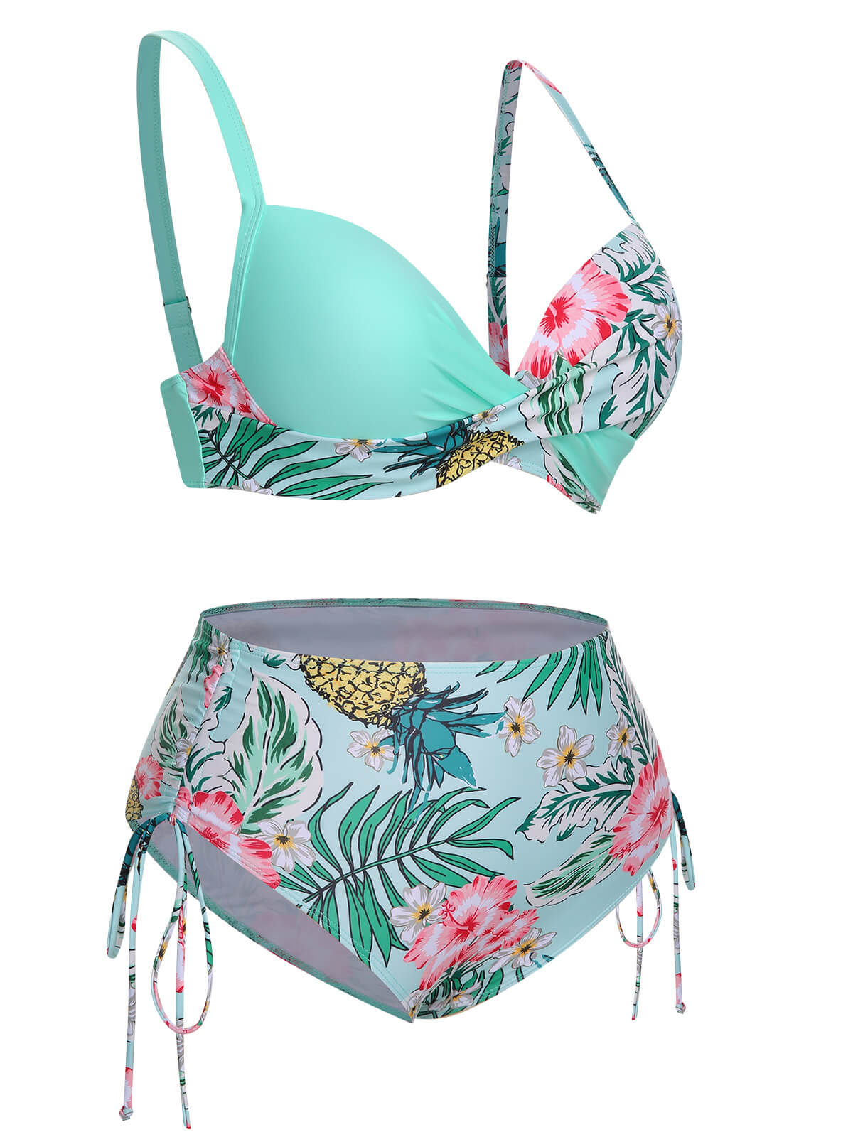 [Plus Size] 1940S Tropical Plant Patchwork Lace-Up Swimsuit - Image 10