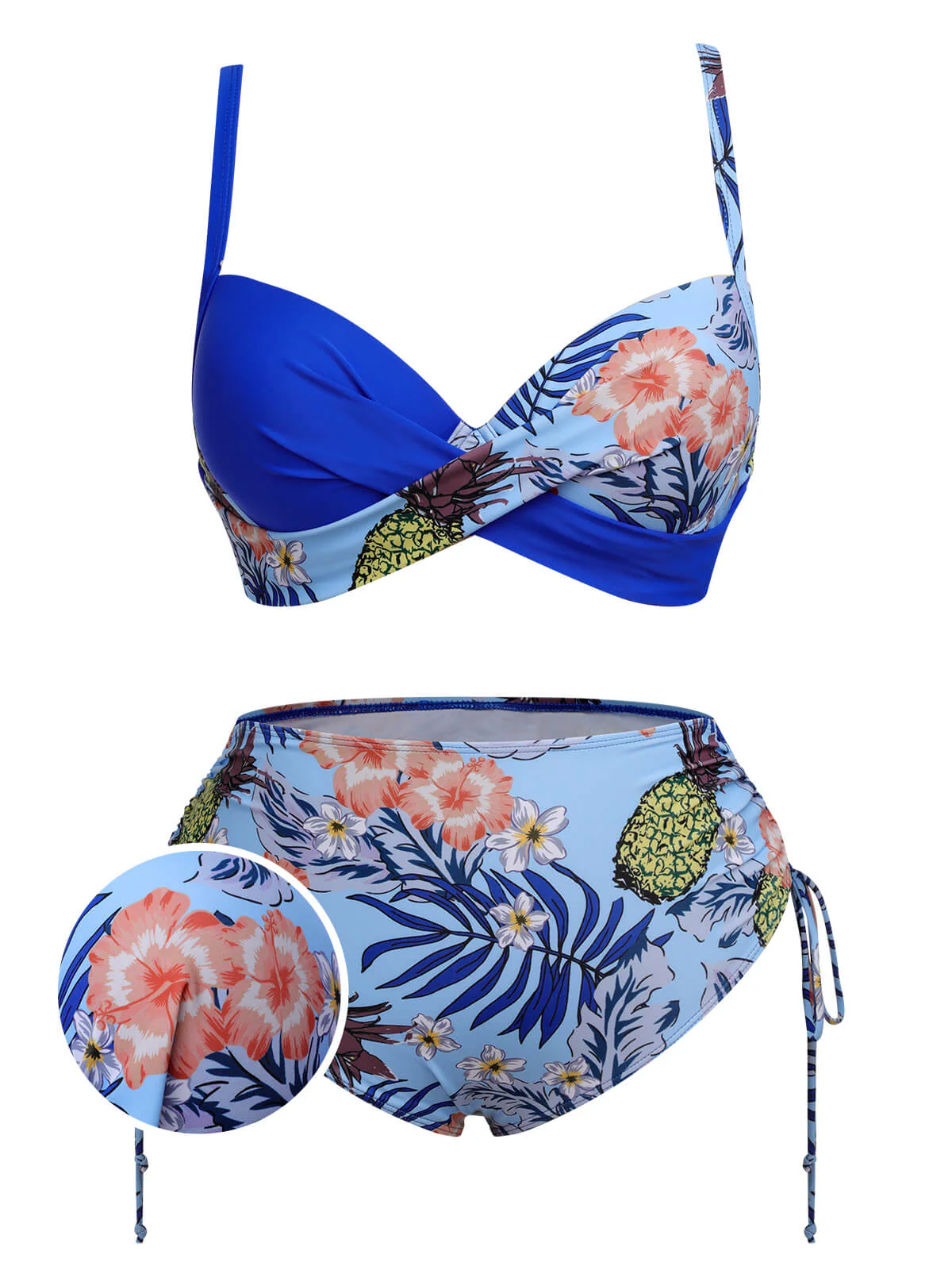 [Plus Size] 1940S Tropical Plant Patchwork Lace-Up Swimsuit - Image 15