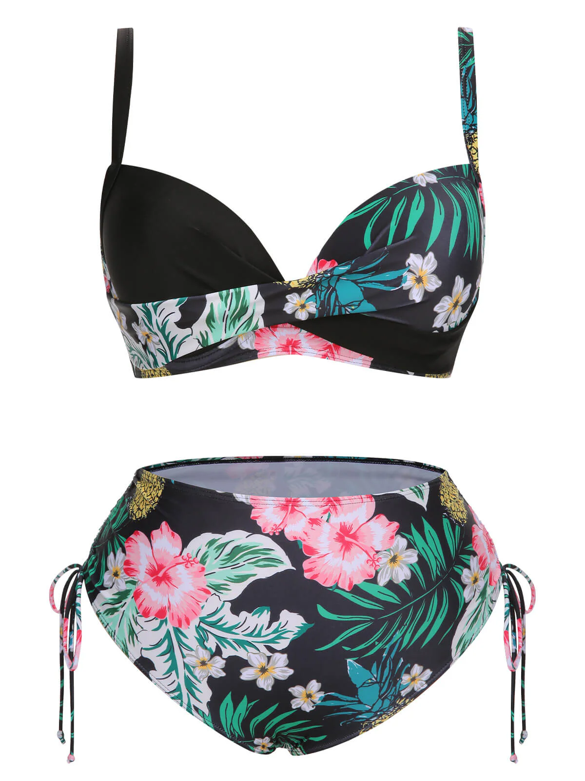[Plus Size] 1940S Tropical Plant Patchwork Lace-Up Swimsuit - Image 2