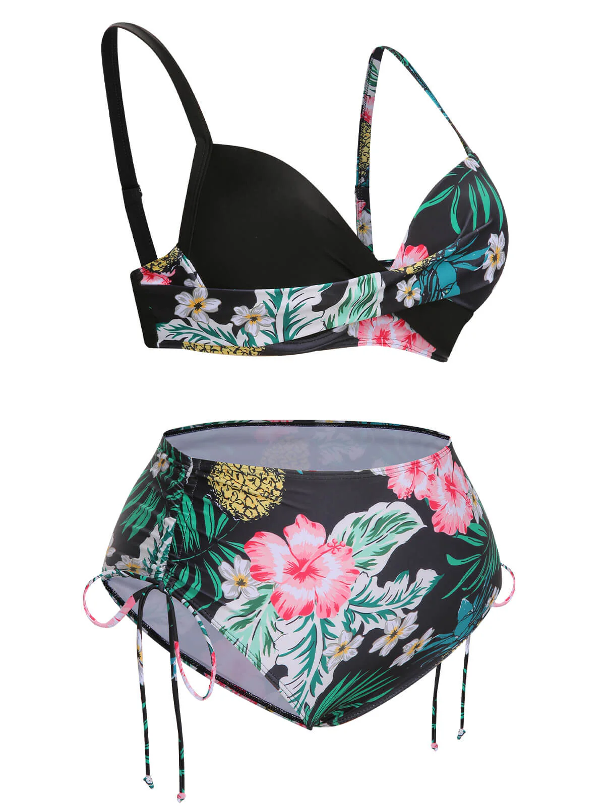 [Plus Size] 1940S Tropical Plant Patchwork Lace-Up Swimsuit - Image 3