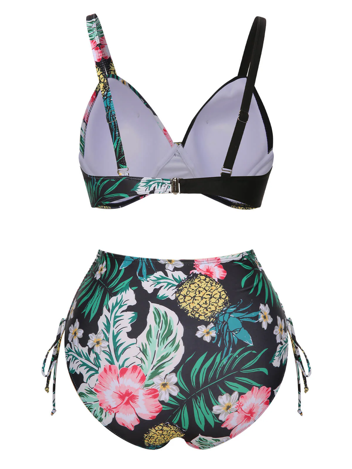 [Plus Size] 1940S Tropical Plant Patchwork Lace-Up Swimsuit - Image 4