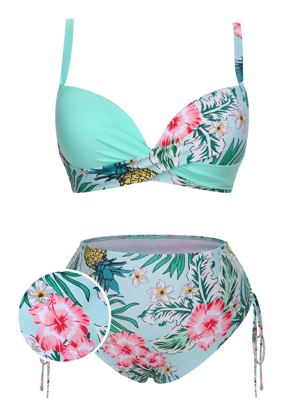 [Plus Size] 1940S Tropical Plant Patchwork Lace-Up Swimsuit - Image 8