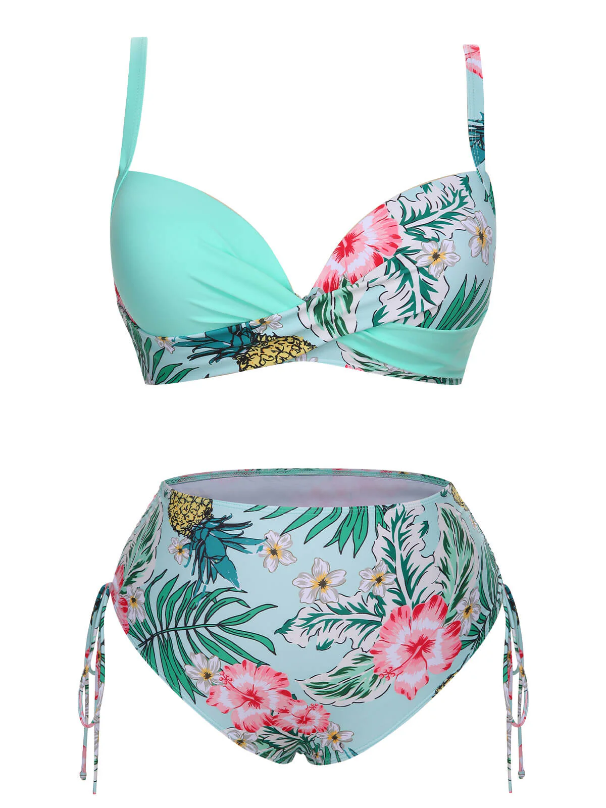 [Plus Size] 1940S Tropical Plant Patchwork Lace-Up Swimsuit - Image 9