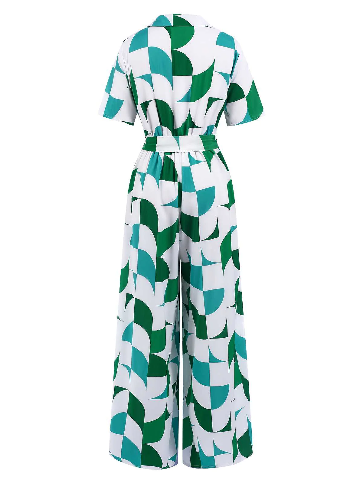1940s V-Neck Contrast Print Belted Jumpsuit - Image 2