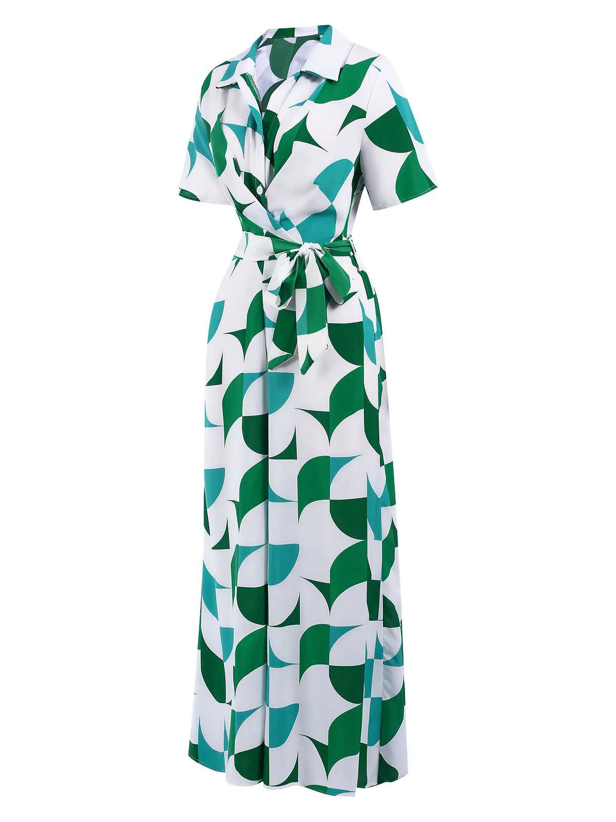 1940s V-Neck Contrast Print Belted Jumpsuit - Image 3