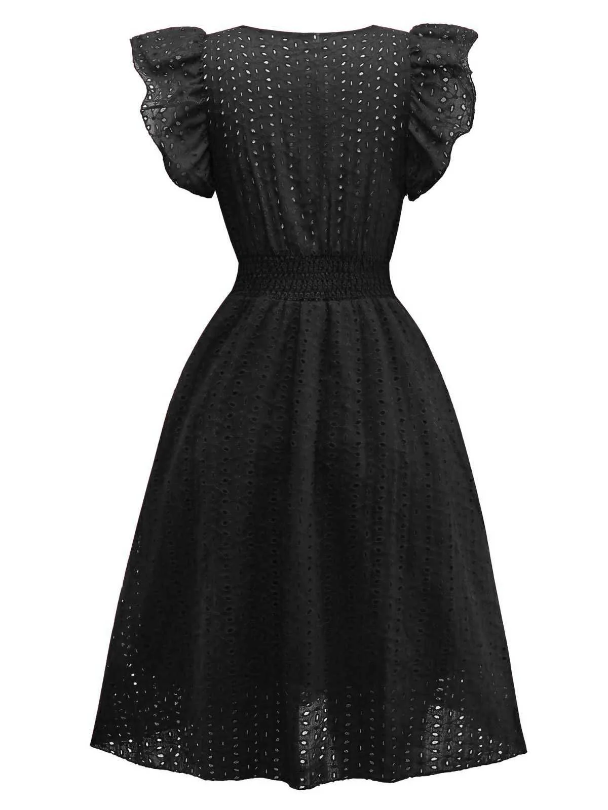 1940s V-Neck Cutout Cotton Smocked Ruffled Dress - Image 2