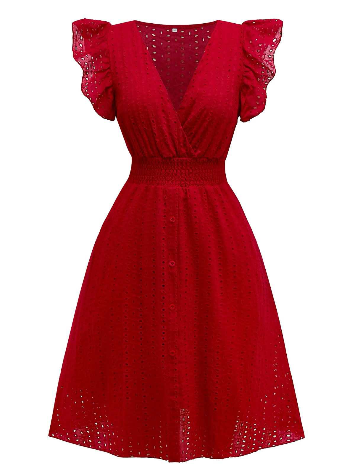 1940s V-Neck Cutout Cotton Smocked Ruffled Dress - Image 4