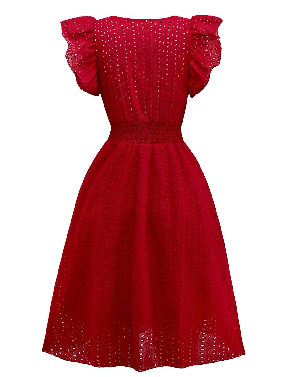 1940s V-Neck Cutout Cotton Smocked Ruffled Dress - Image 5