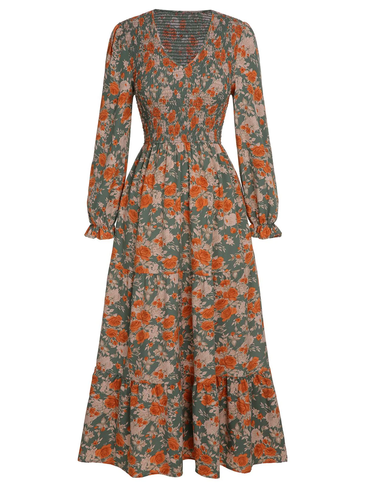 1940s V-Neck Floral Long-Sleeved Dress - Image 2