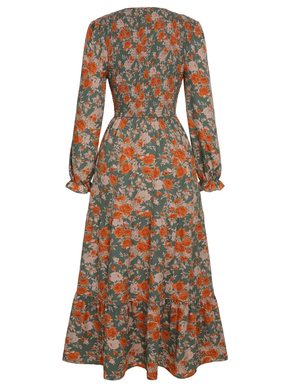 1940s V-Neck Floral Long-Sleeved Dress - Image 3
