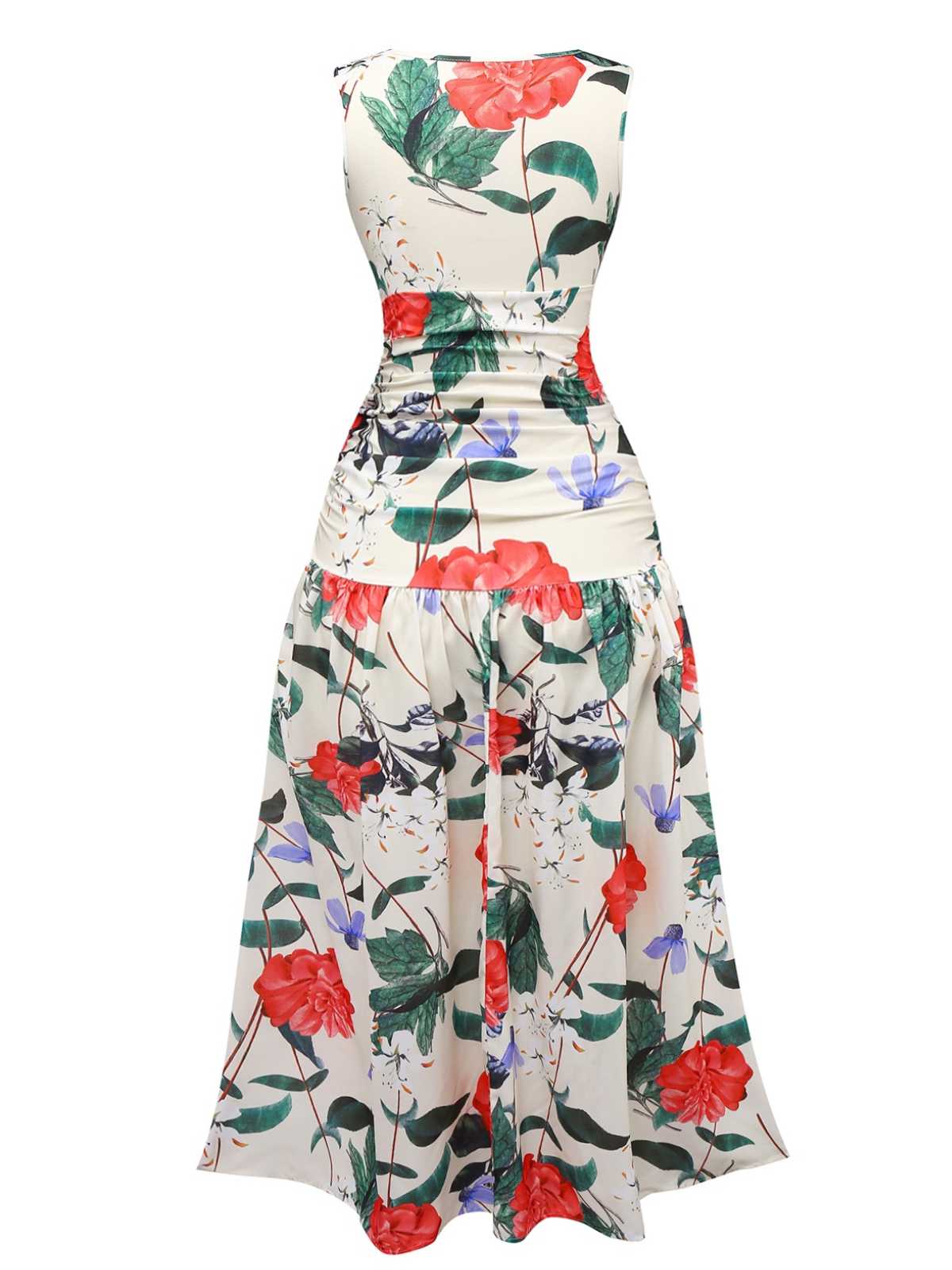 1940s V-Neck Floral Ruched Sleeveless Dress - Image 2