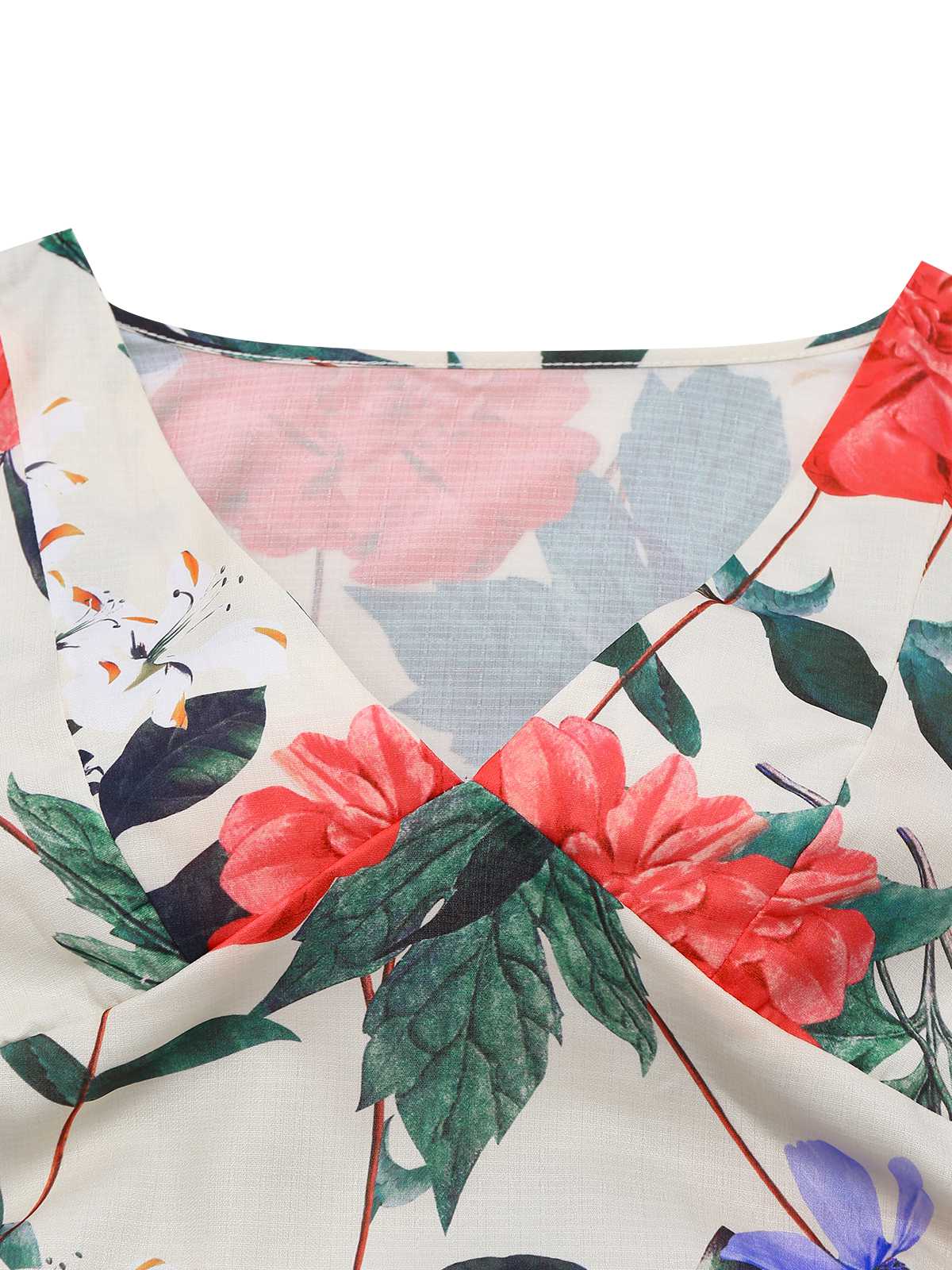 1940s V-Neck Floral Ruched Sleeveless Dress - Image 5