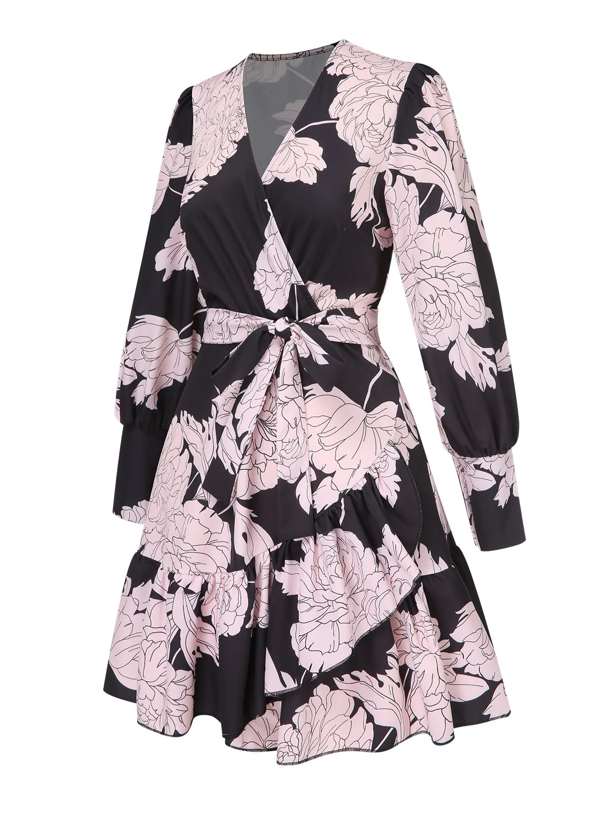 1940s V-Neck Peony Floral Belted Dress - Image 2