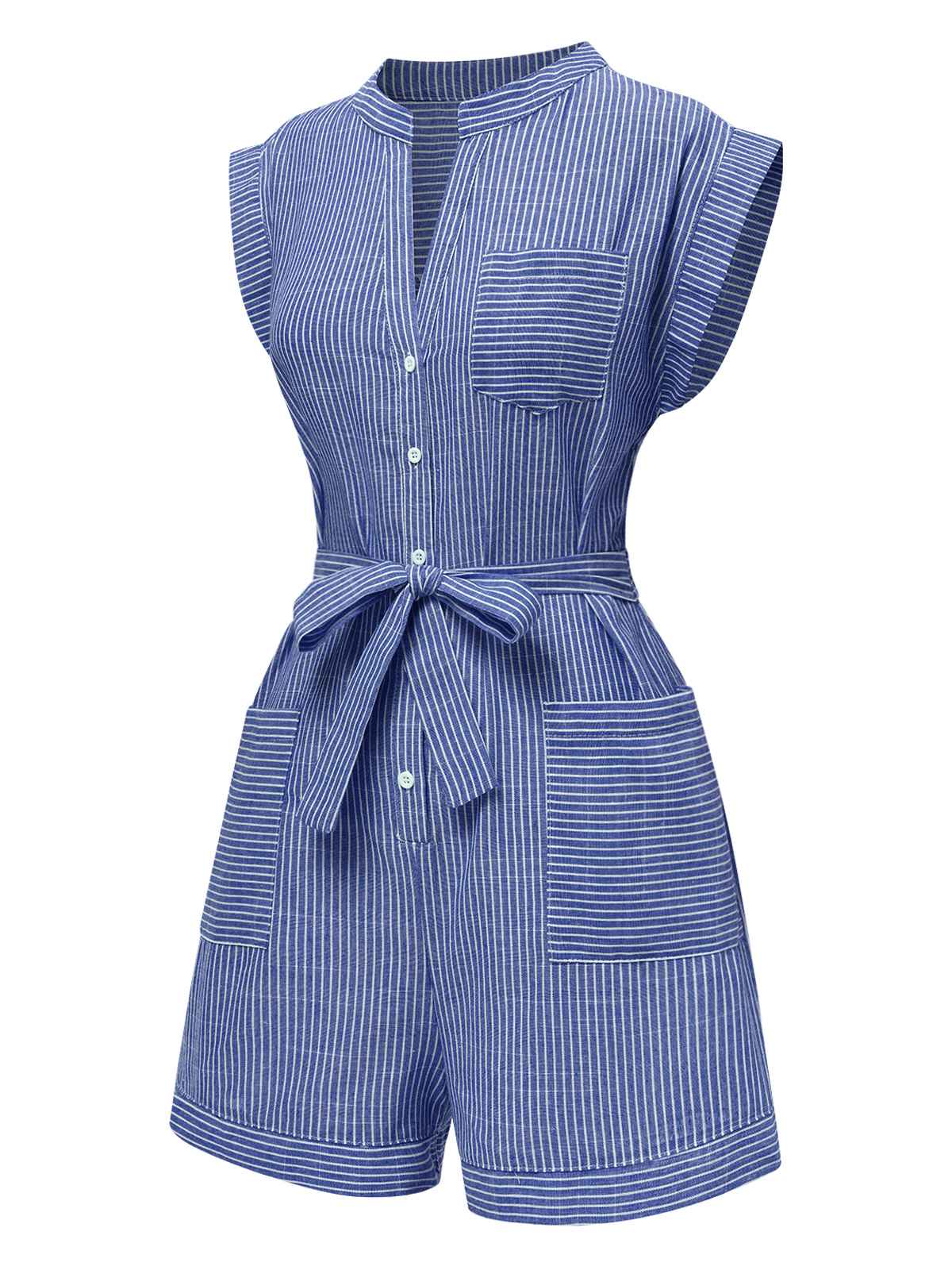 1940s V-Neck Pockets Belted Stripe Romper - Image 10