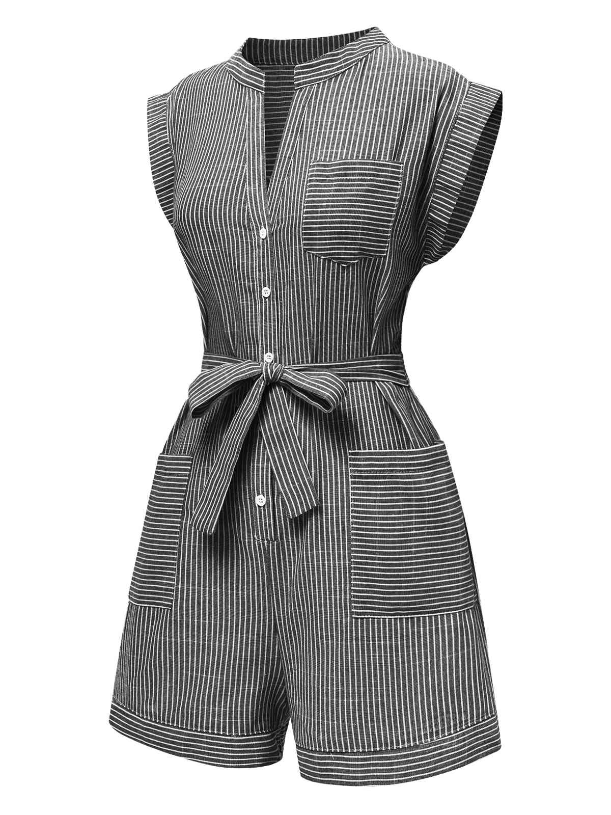 1940s V-Neck Pockets Belted Stripe Romper - Image 2