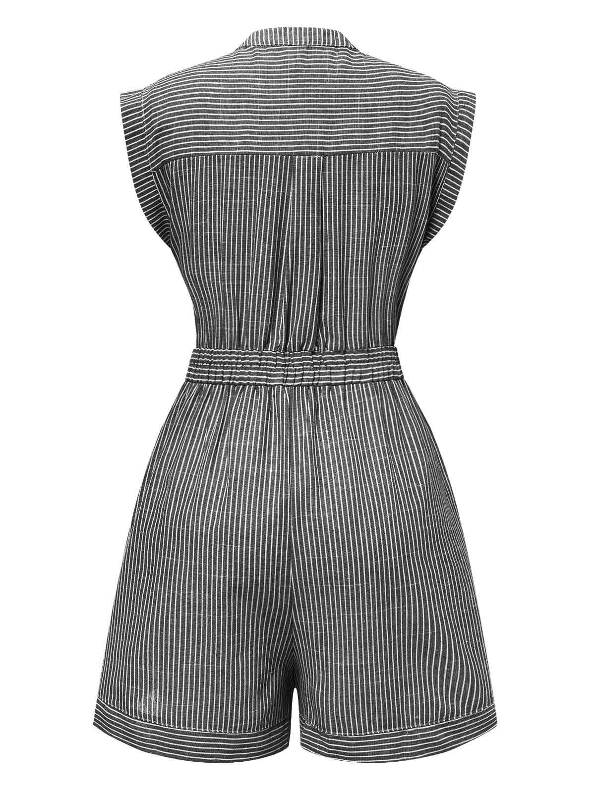 1940s V-Neck Pockets Belted Stripe Romper - Image 3