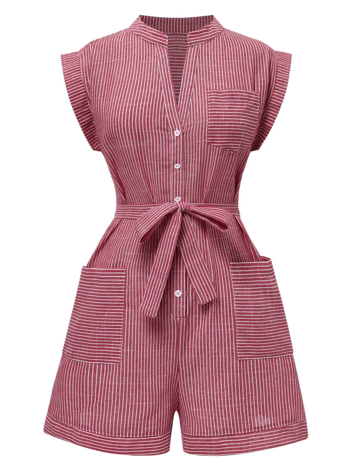 1940s V-Neck Pockets Belted Stripe Romper - Image 5