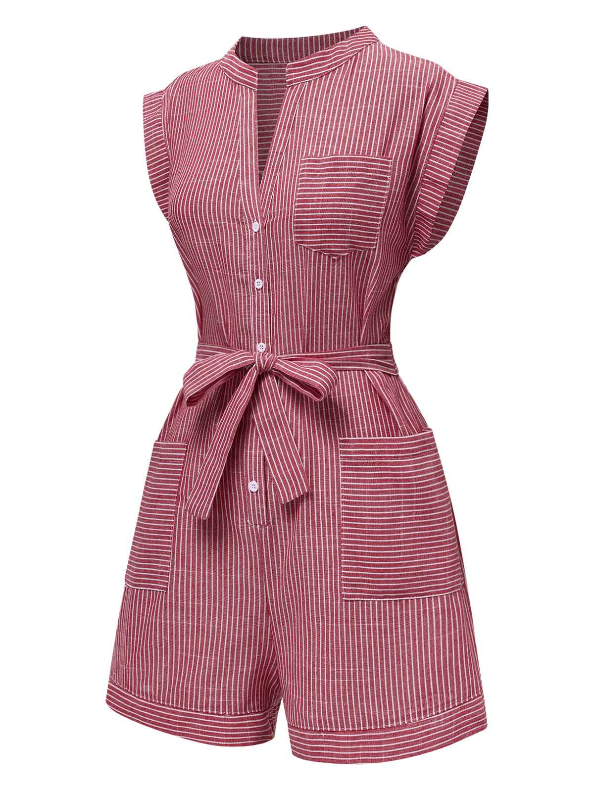 1940s V-Neck Pockets Belted Stripe Romper - Image 6