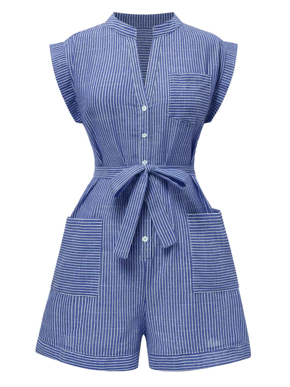 1940s V-Neck Pockets Belted Stripe Romper - Image 9