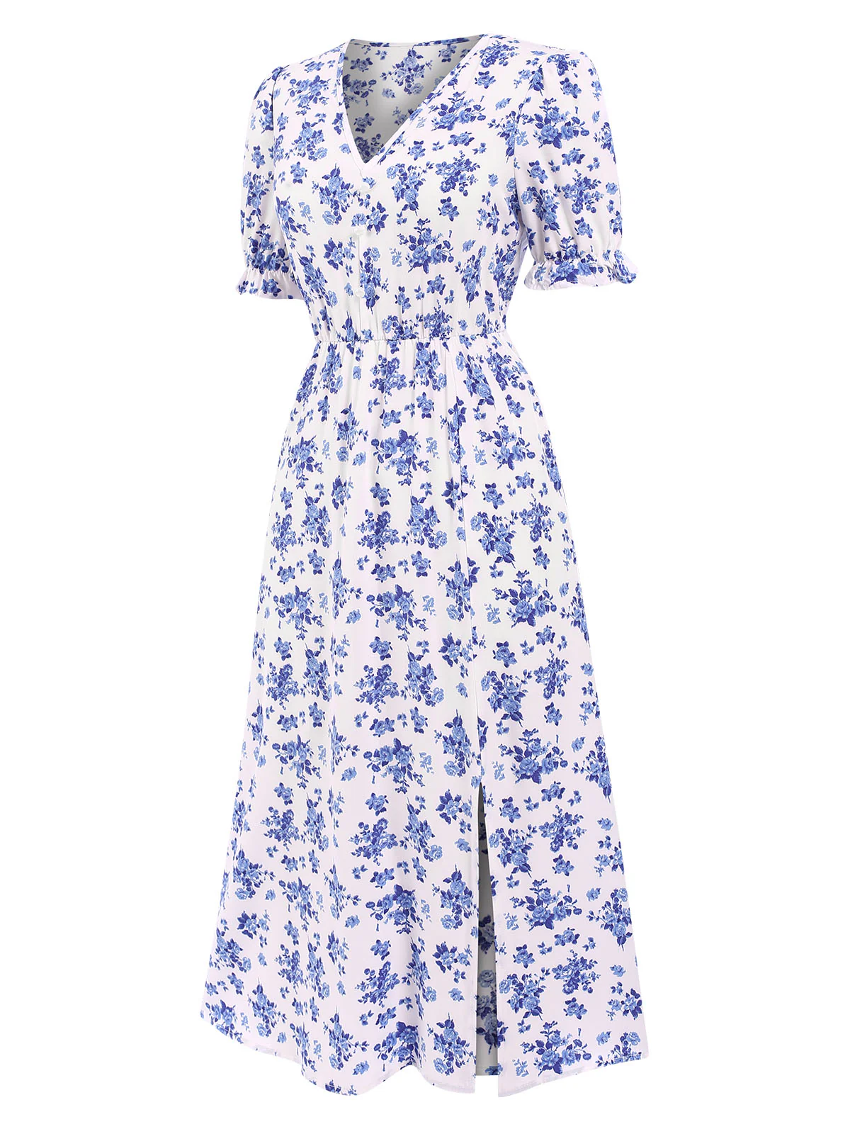 1940s V-Neck Ruffle Boho Floral Midi Dress - Image 2