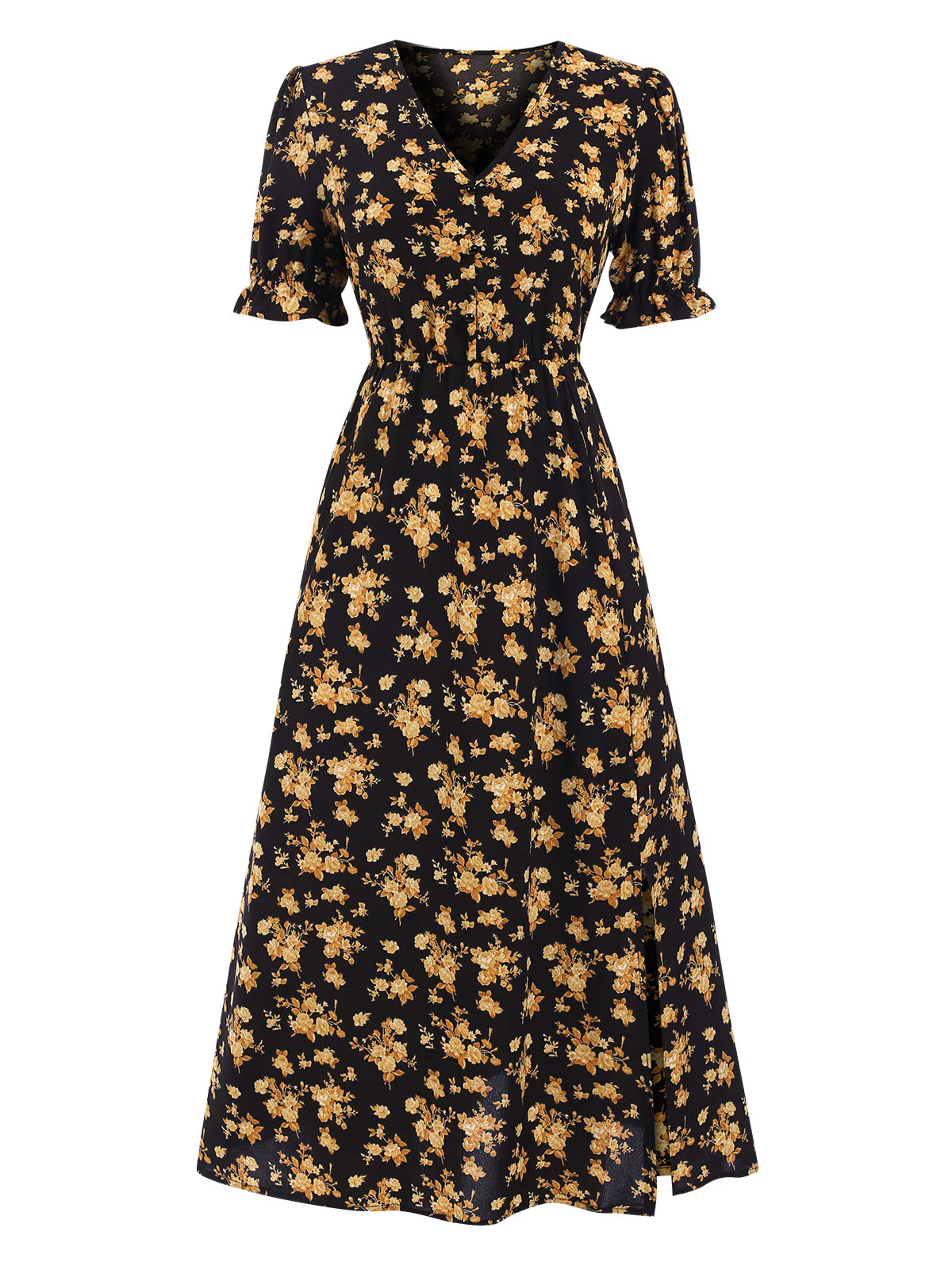 1940s V-Neck Ruffle Boho Floral Midi Dress - Image 5