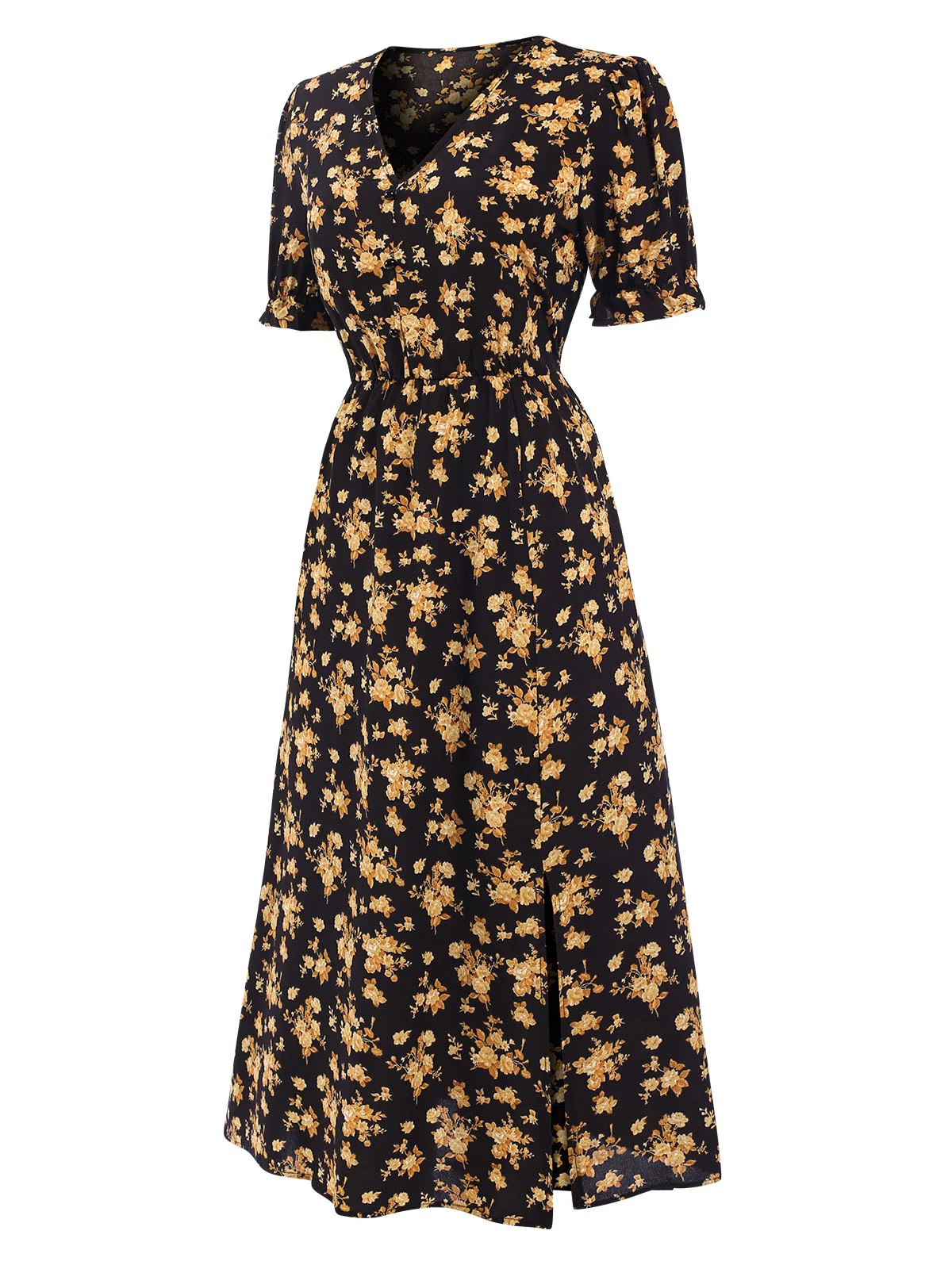 1940s V-Neck Ruffle Boho Floral Midi Dress - Image 7