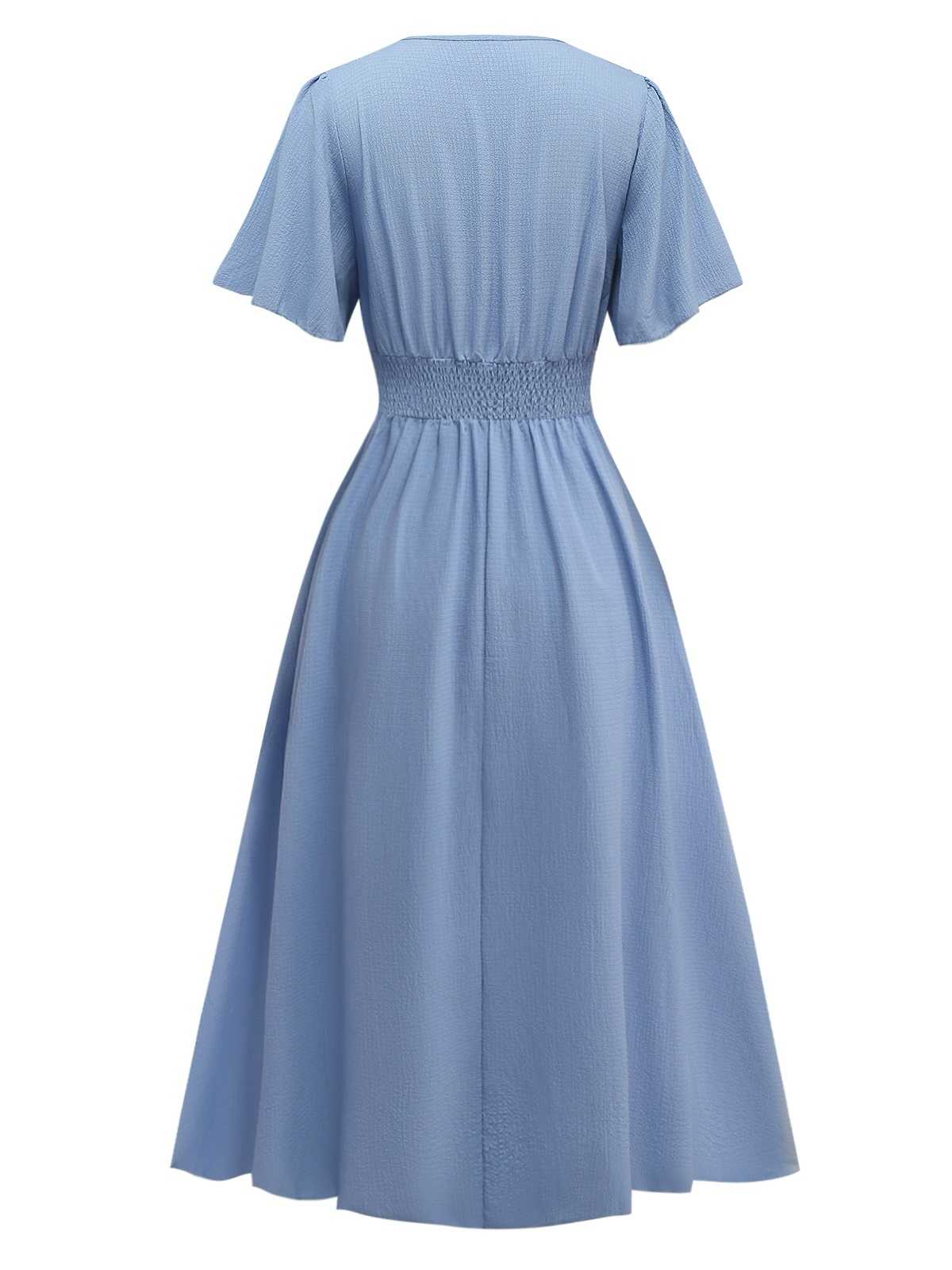 1940s V-Neck Ruffled Sleeve Slit Dress - Image 2