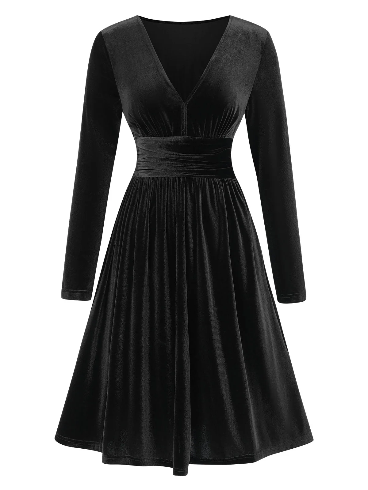 1940s V-Neck Solid A-line Velvet Dress - Image 9