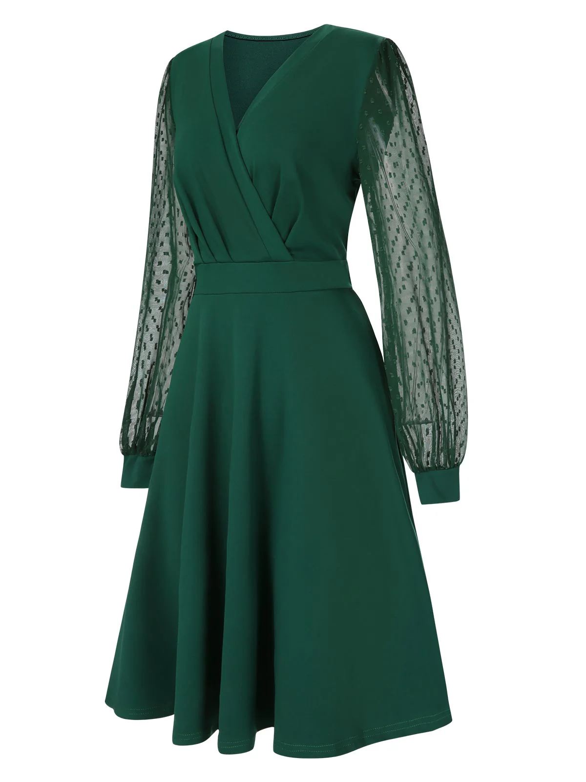 1940s V-Neck Solid Polka Dots Patchwork Dress - Image 2