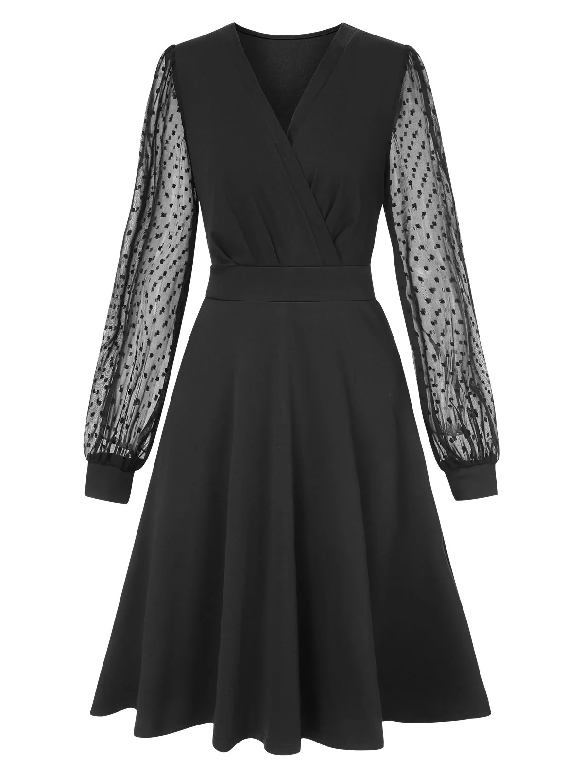 1940s V-Neck Solid Polka Dots Patchwork Dress - Image 5