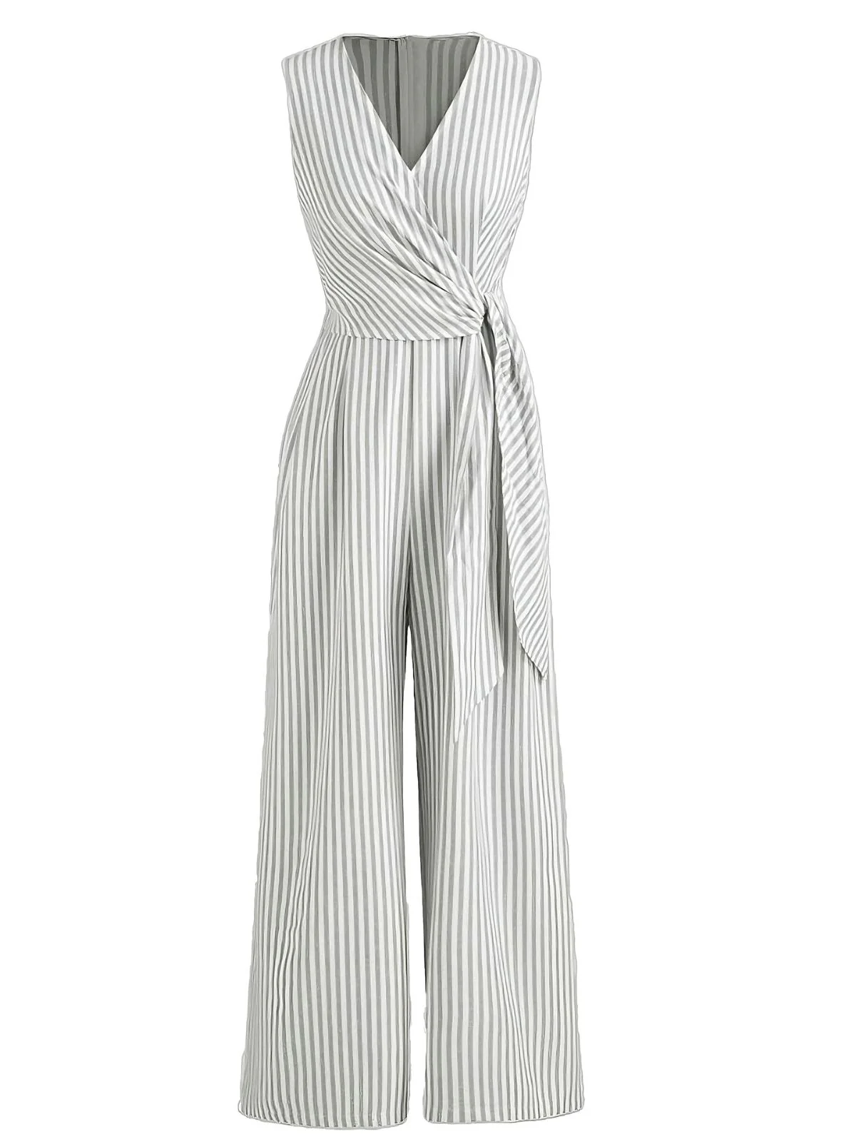 1940s V-Neck Striped Tie-Waist Sleeveless Jumpsuit - Image 3