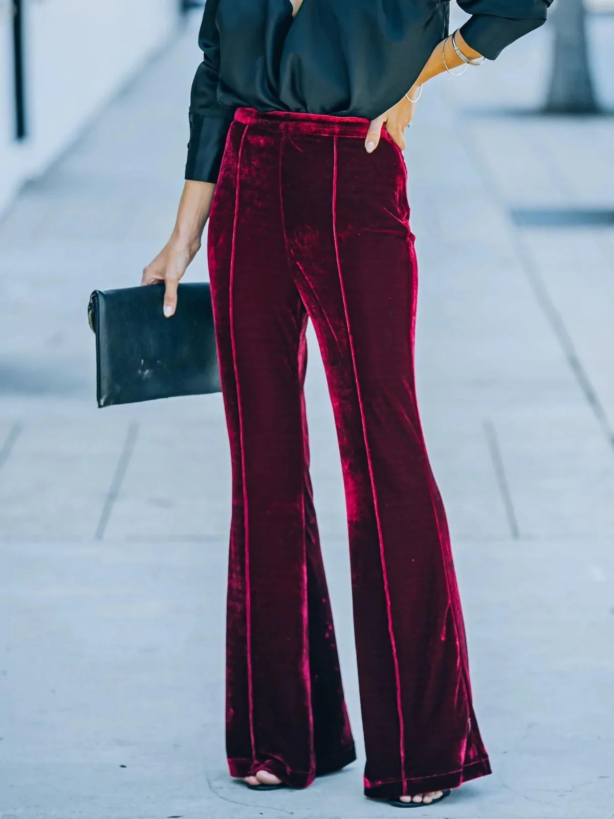 1940s Velvet High-Waist Solid Flare Pants - Image 2