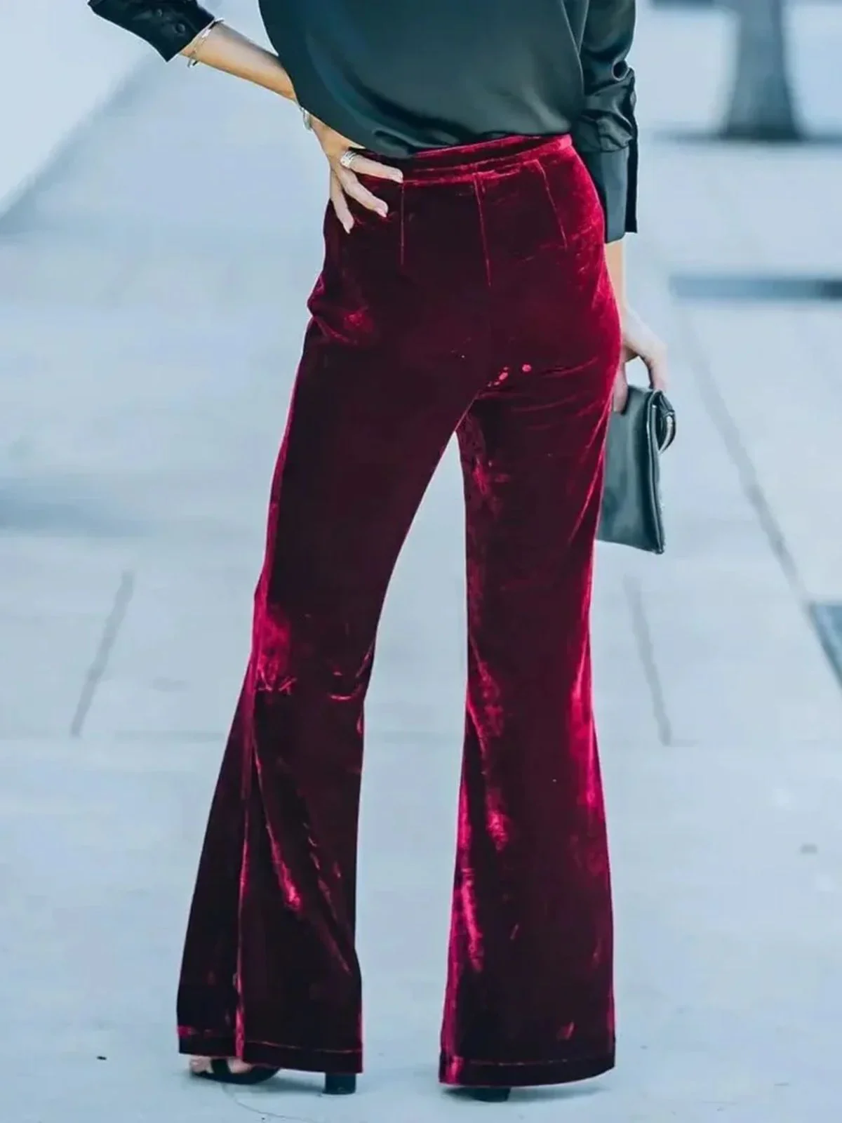 1940s Velvet High-Waist Solid Flare Pants - Image 3