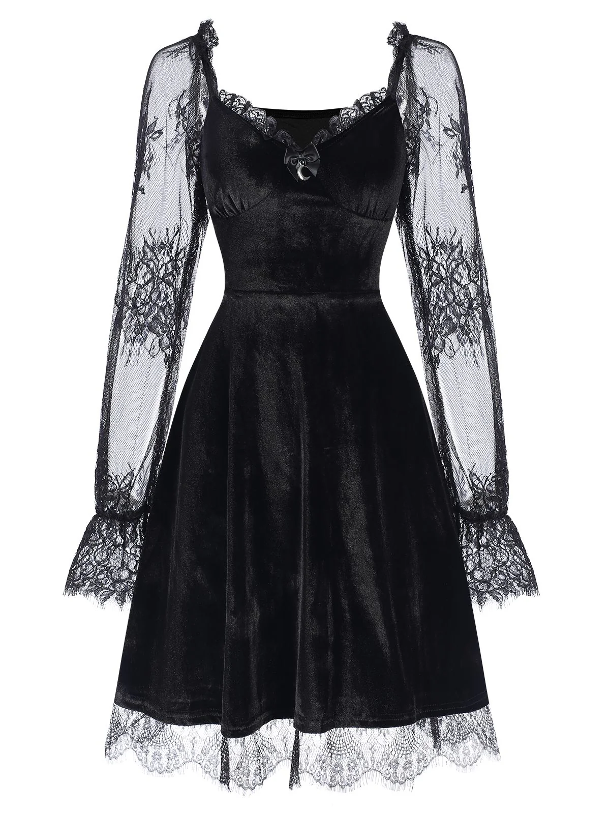 1940s Velvet Lace Flared Patchwork Dress - Image 2