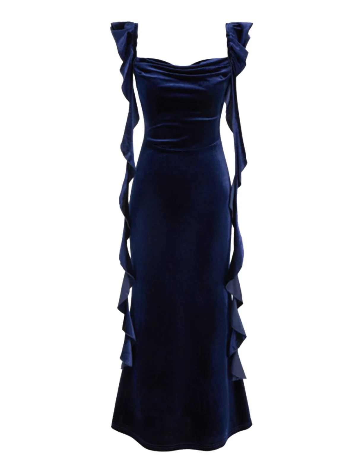 1940s Velvet Ribbon Strap Ruffled Detail Dress - Image 4