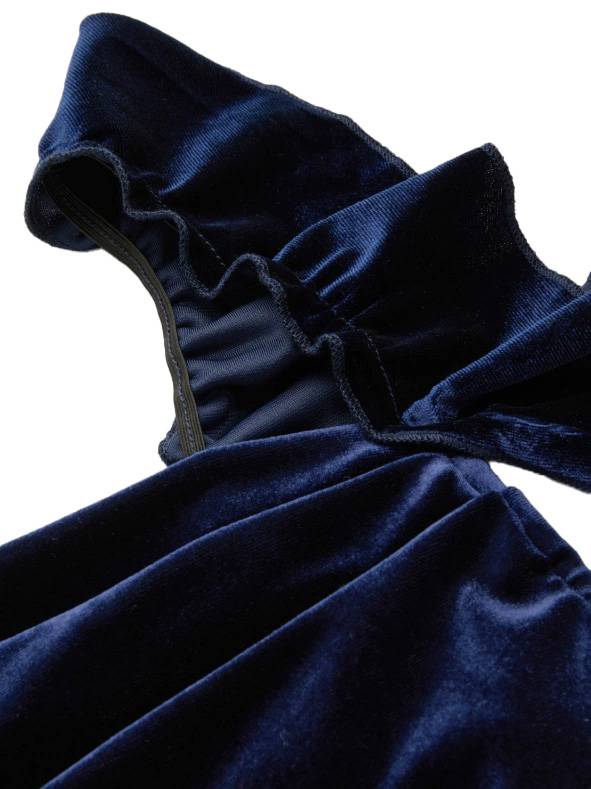 1940s Velvet Ribbon Strap Ruffled Detail Dress - Image 6