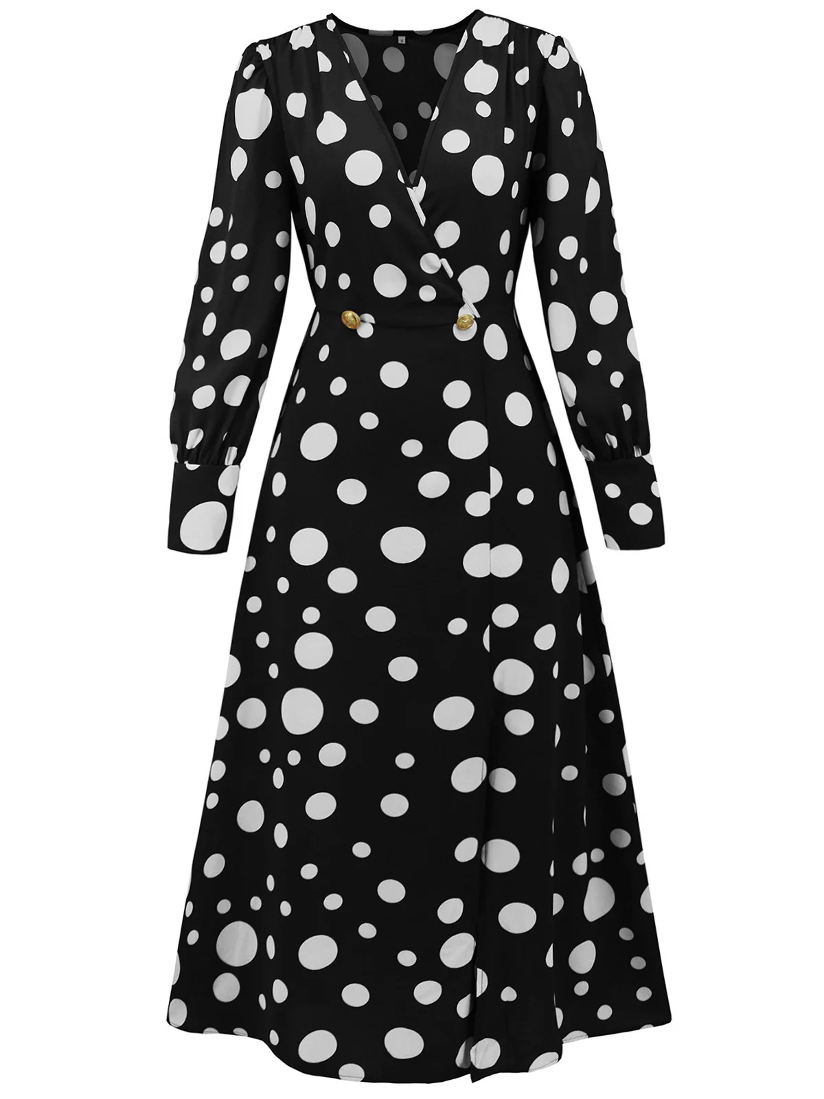 1940s Vintage Polka Dots Long Sleeve Slit Dress - Image 3