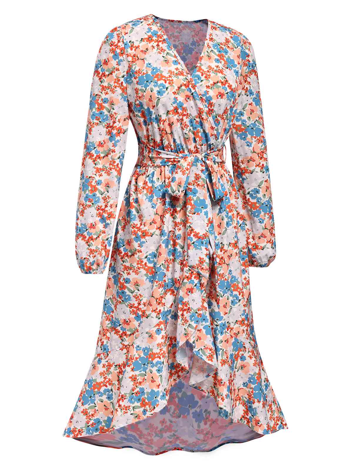 1940s Wrap Floral Ruffled Hem Belted Dress - Image 3
