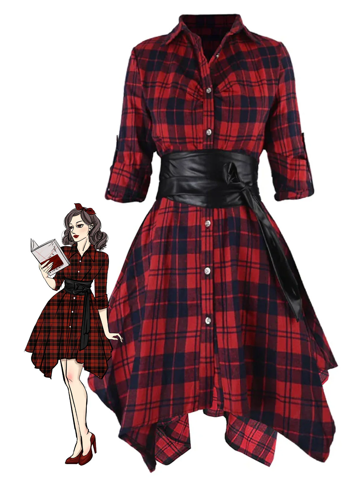 1950s 3/4 Sleeve Plaid Belt Dress - Image 2