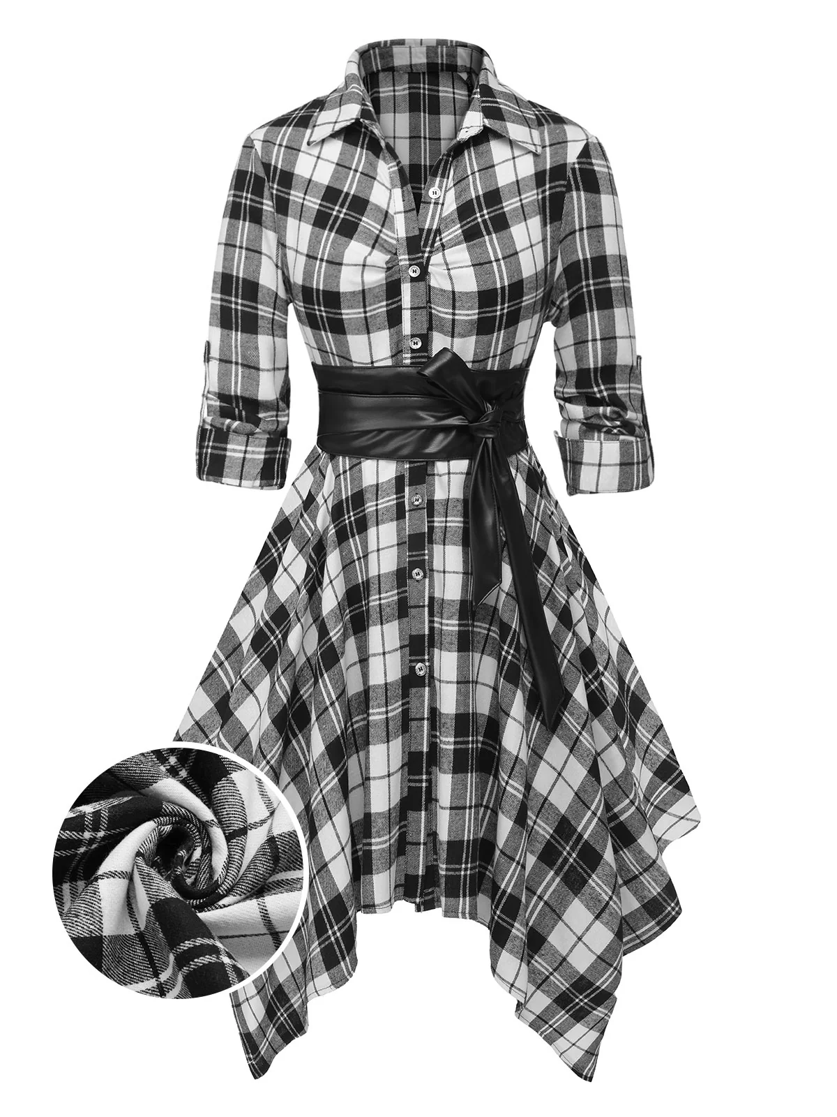 1950s 3/4 Sleeve Plaid Belt Dress - Image 5