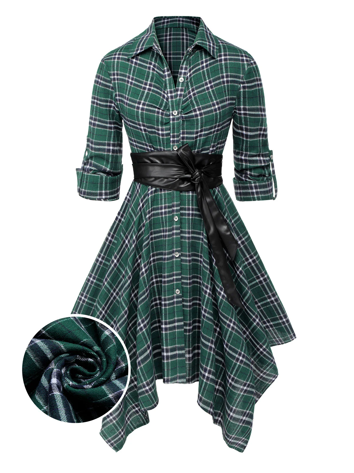 1950s 3/4 Sleeve Plaid Belt Dress - Image 16