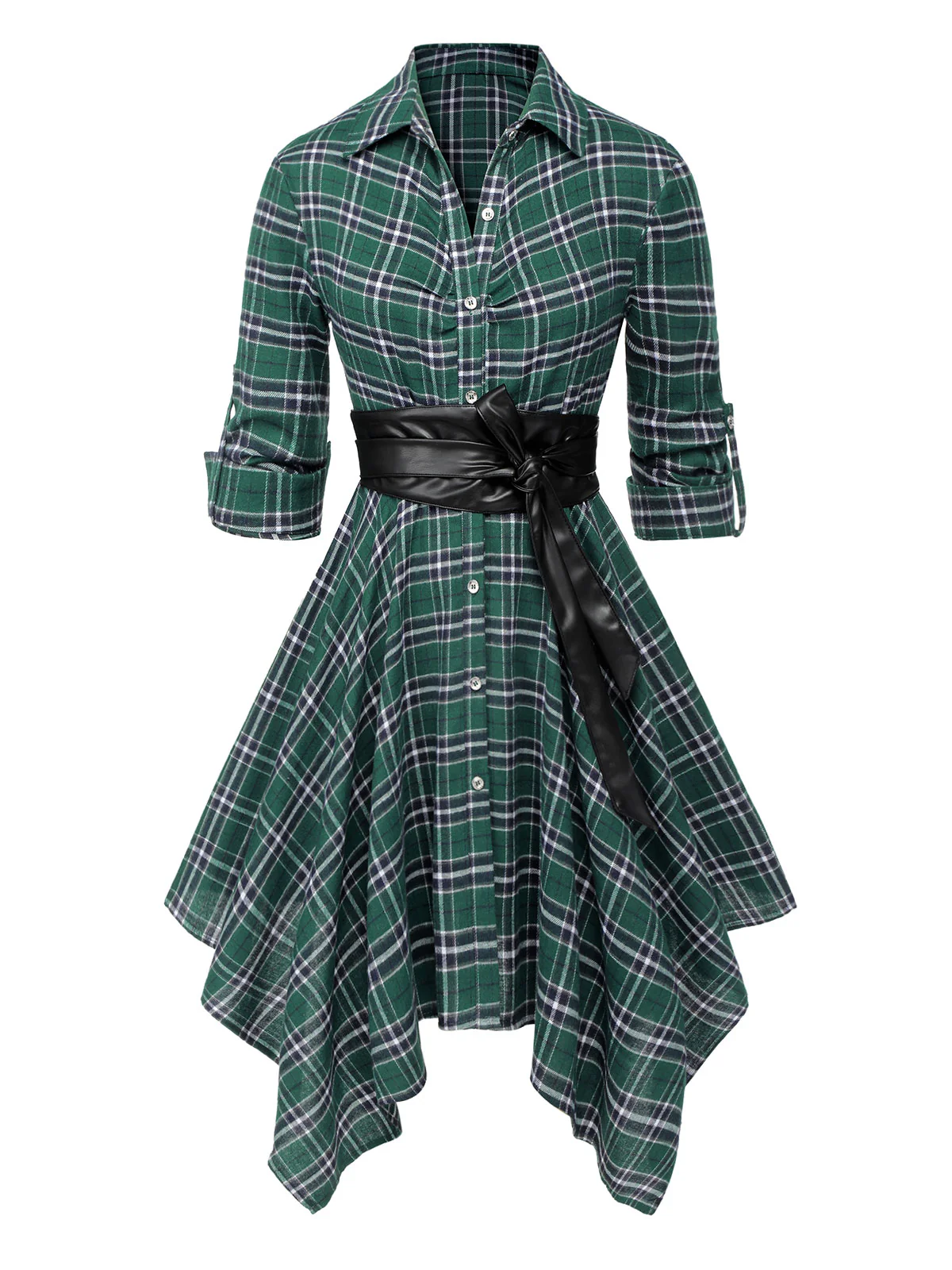 1950s 3/4 Sleeve Plaid Belt Dress - Image 17