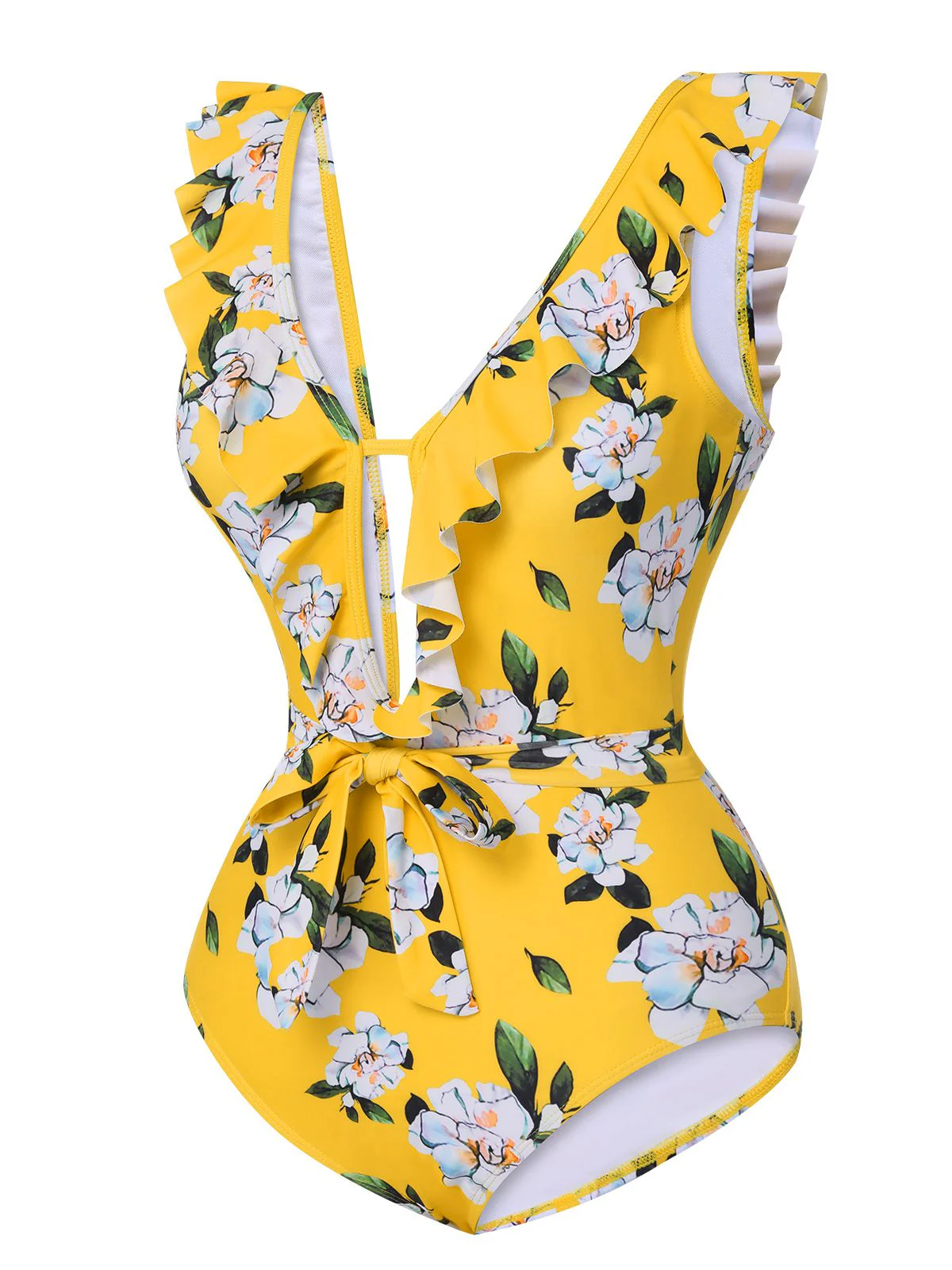 1950s All-Over Print Ruffled Belt One-Piece Swimsuit - Image 2