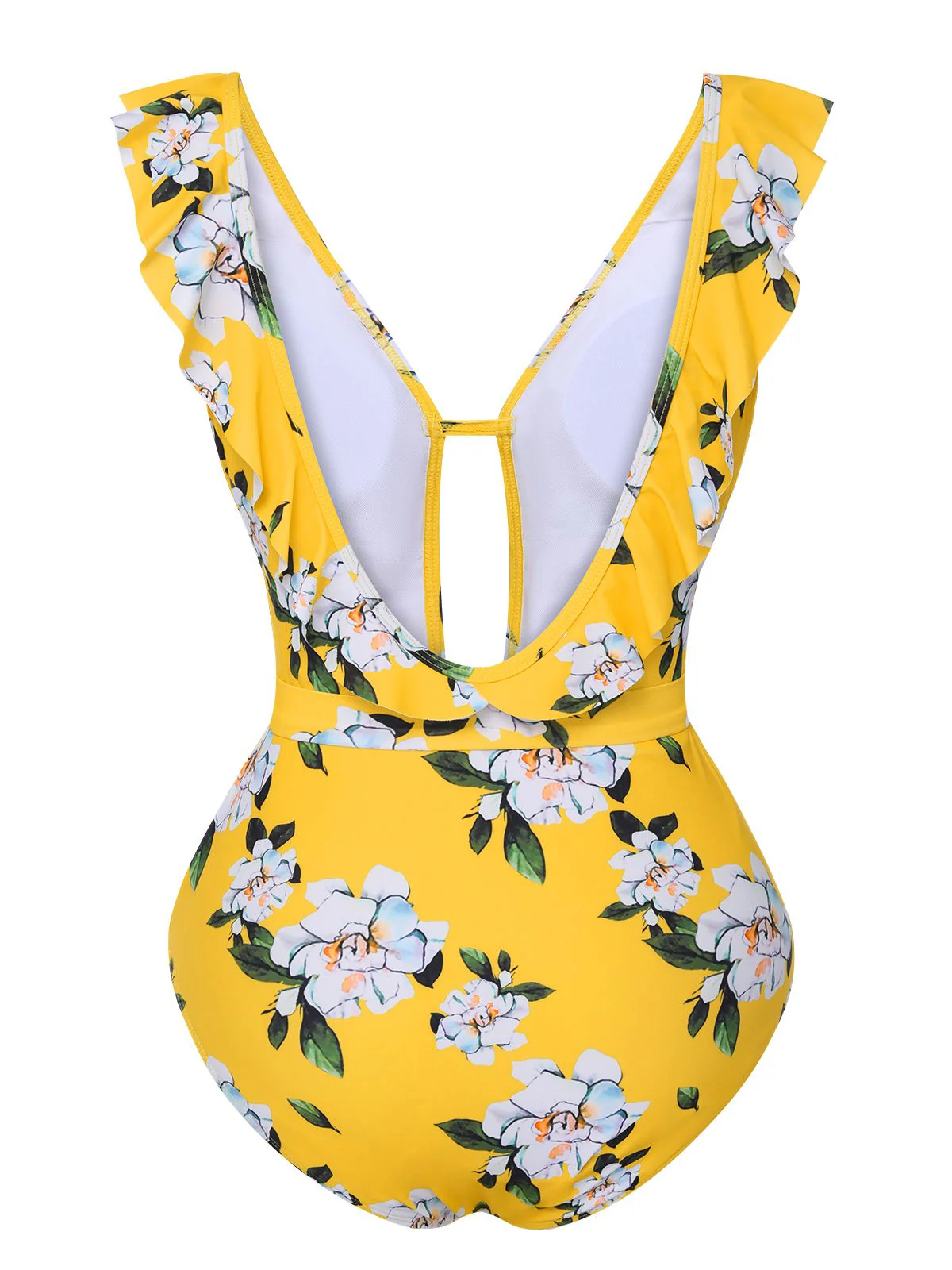 1950s All-Over Print Ruffled Belt One-Piece Swimsuit - Image 3