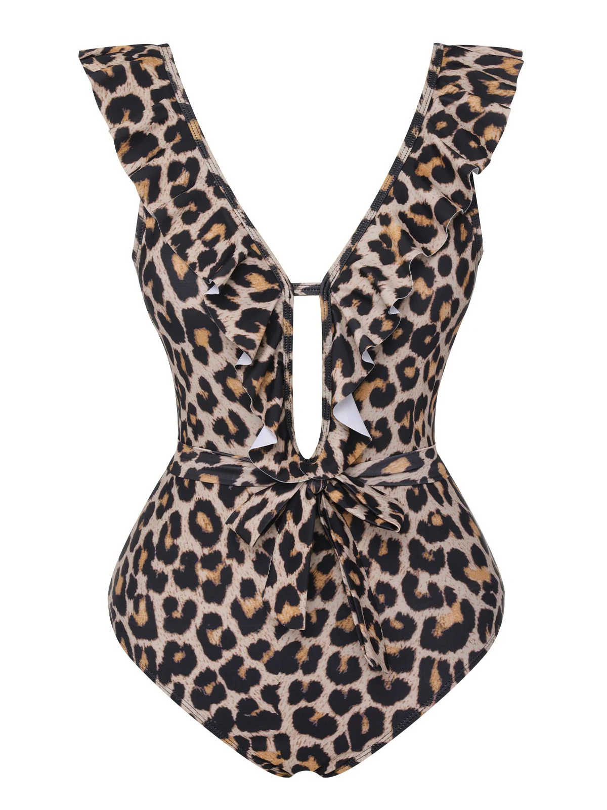 1950s All-Over Print Ruffled Belt One-Piece Swimsuit - Image 5